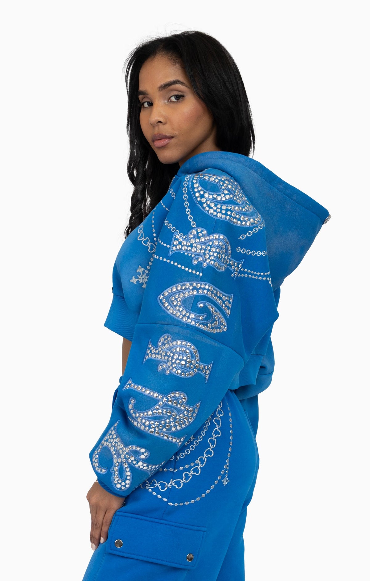 Smoke Rise Metallic Embroidered Studded Hoodie - Sky Diver - view 2