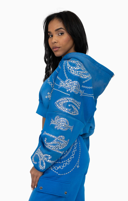 Smoke Rise Metallic Embroidered Studded Hoodie - Sky Diver - view 2