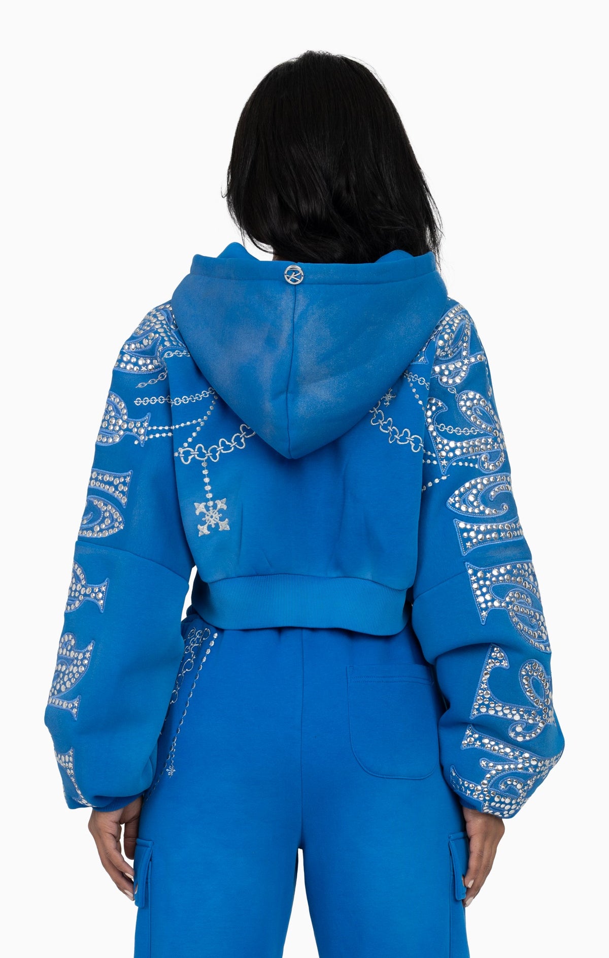 Smoke Rise Metallic Embroidered Studded Hoodie - Sky Diver - view 3