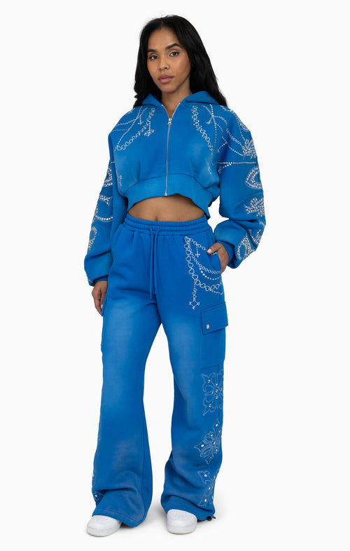 Smoke Rise Metallic Embroidered Studded Hoodie - Sky Diver - view 5
