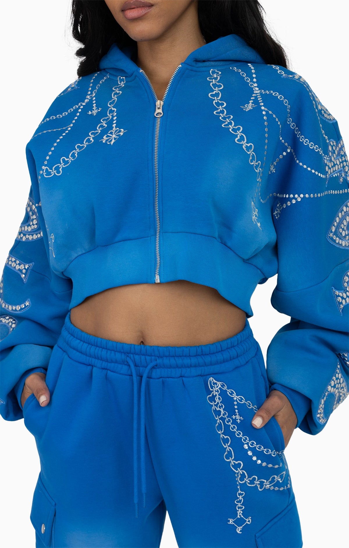 Smoke Rise Metallic Embroidered Studded Hoodie - Sky Diver - view 6