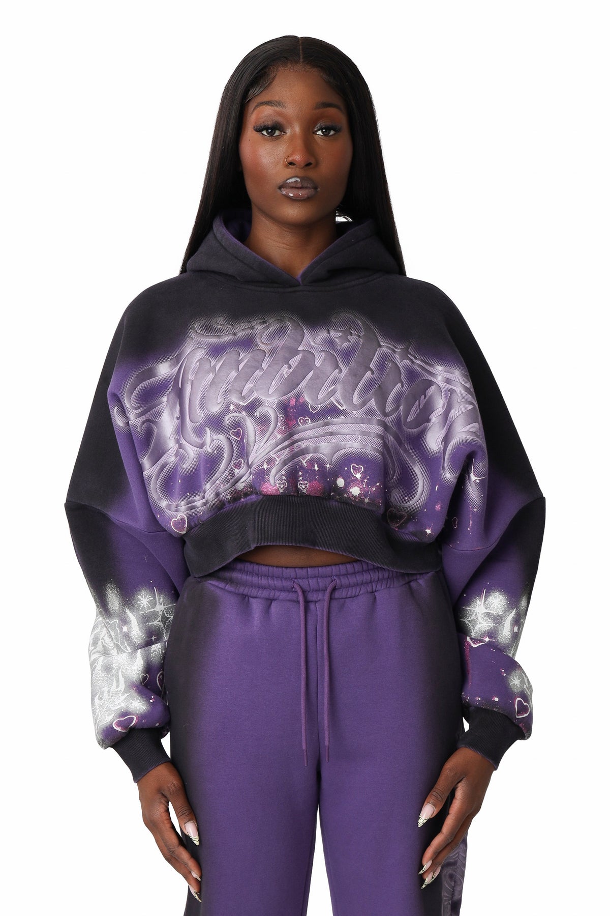 Smoke Rise Oversprayed Glitter Printed Hoodie - Purple Reign