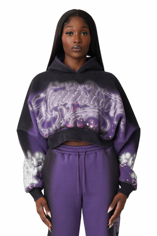 Smoke Rise Oversprayed Glitter Printed Hoodie - Purple Reign