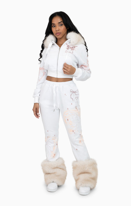 Smoke Rise Faux Fur Trim Fleece Pant - White