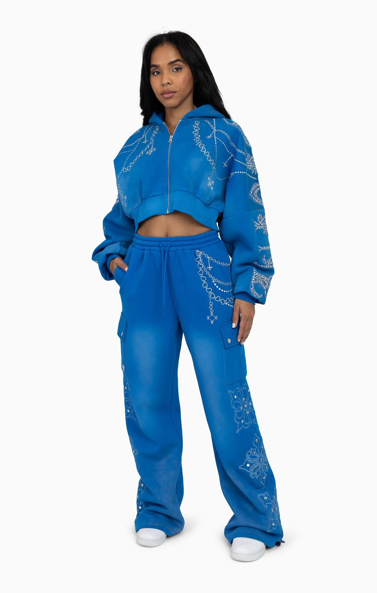 Smoke Rise Metallic Embroidered Studded Pants - Sky Diver