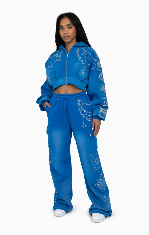 Smoke Rise Metallic Embroidered Studded Pants - Sky Diver