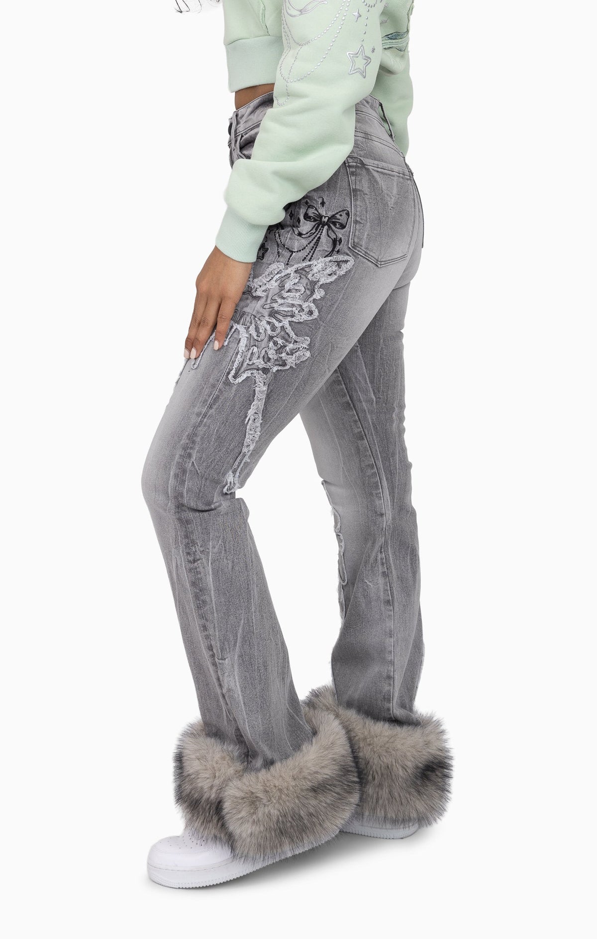Smoke Rise Faux Fur Trim Denim Pants - Moonbeam Grey - view 3