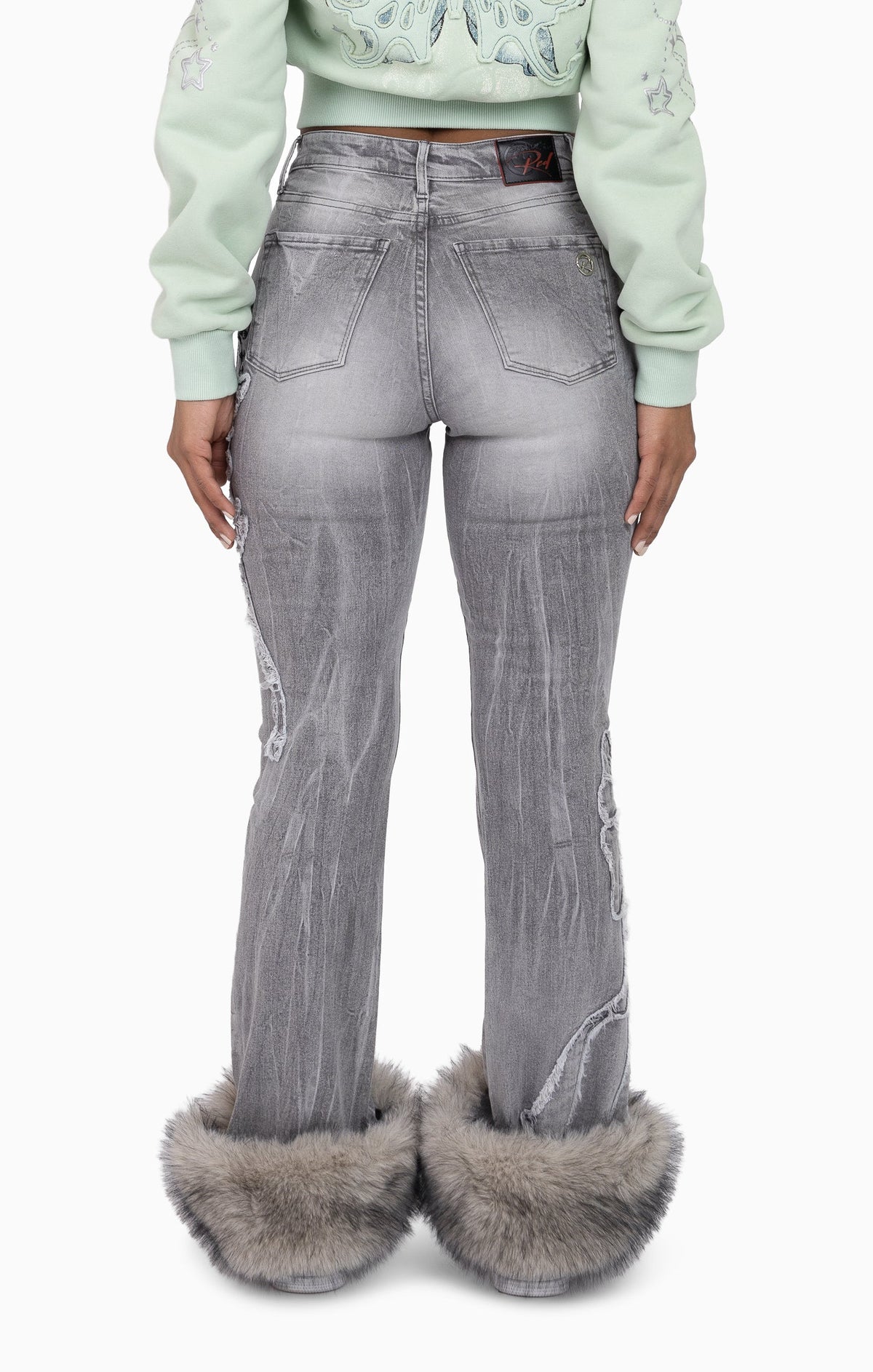 Smoke Rise Faux Fur Trim Denim Pants - Moonbeam Grey - view 4