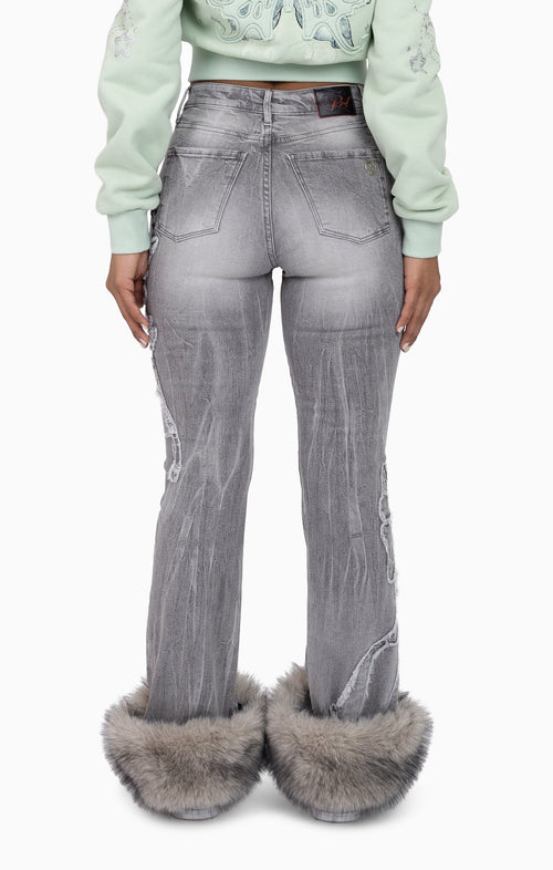 Smoke Rise Faux Fur Trim Denim Pants - Moonbeam Grey - view 4
