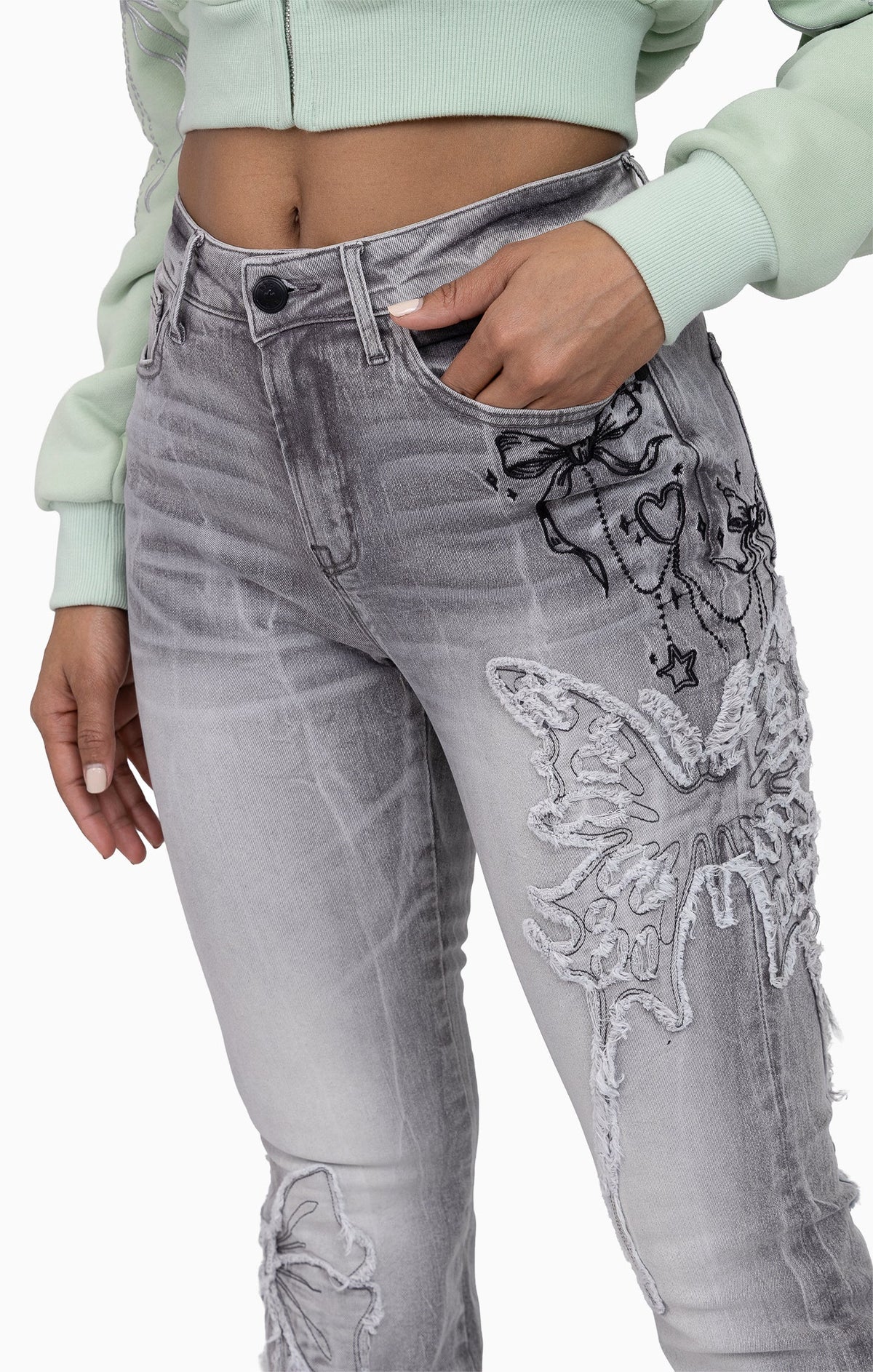 Smoke Rise Faux Fur Trim Denim Pants - Moonbeam Grey - view 6