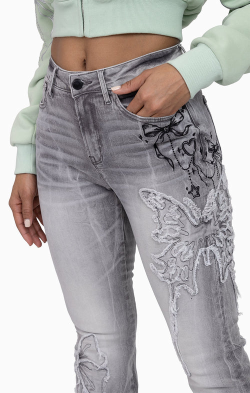 Smoke Rise Faux Fur Trim Denim Pants - Moonbeam Grey - view 6