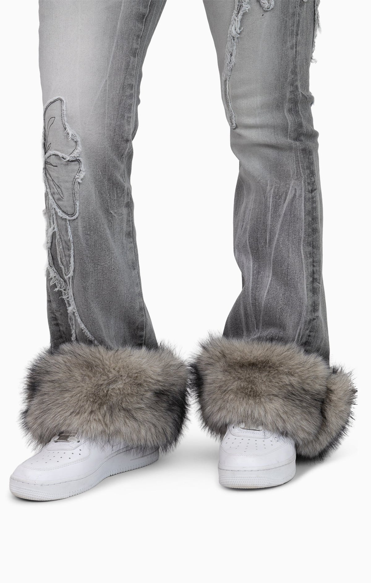 Smoke Rise Faux Fur Trim Denim Pants - Moonbeam Grey - view 7