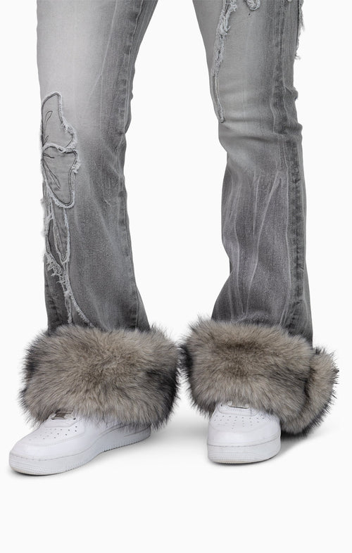 Smoke Rise Faux Fur Trim Denim Pants - Moonbeam Grey - view 7