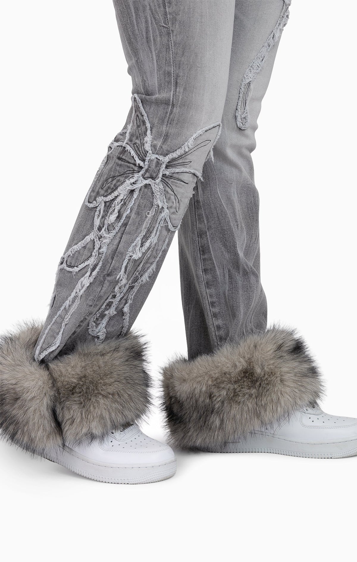 Smoke Rise Faux Fur Trim Denim Pants - Moonbeam Grey - view 8