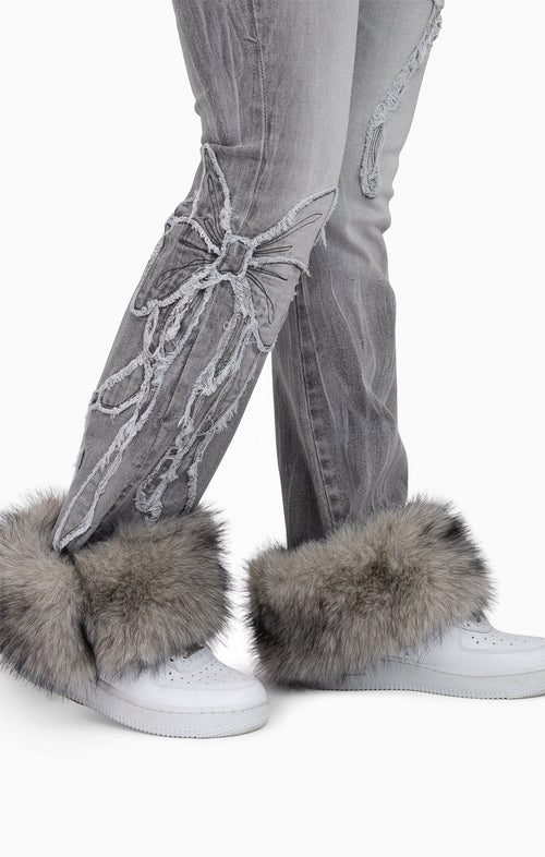 Smoke Rise Faux Fur Trim Denim Pants - Moonbeam Grey - view 8