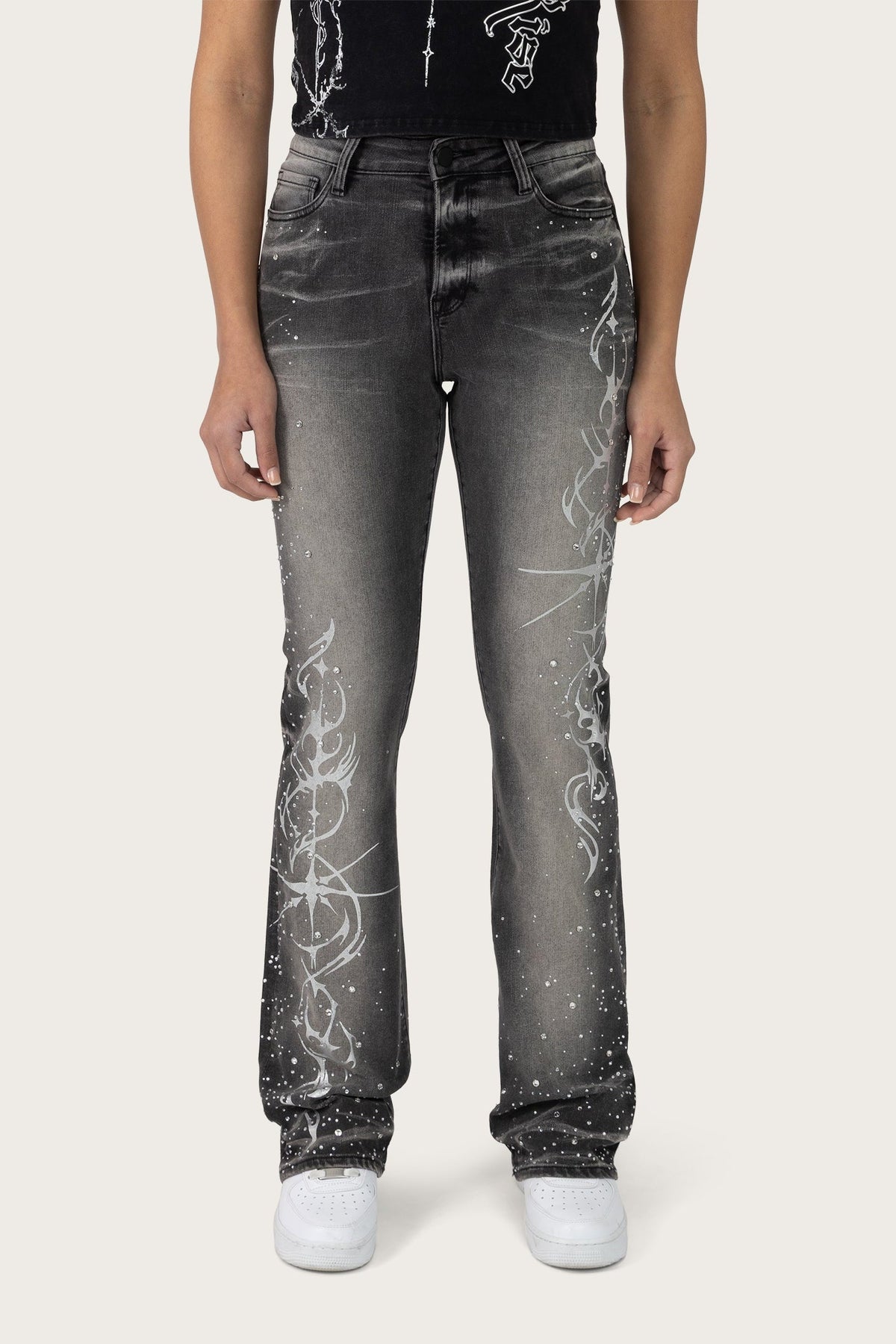 Smoke Rise High Rise Rhinestone Jeans - Orca Black - view 2