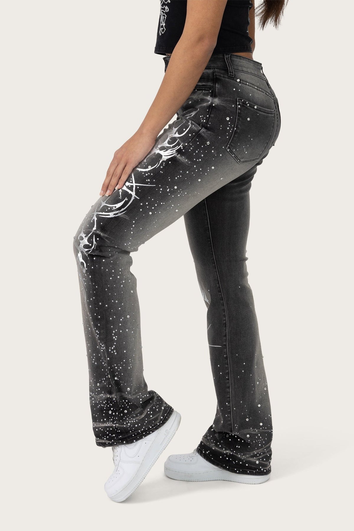 Smoke Rise High Rise Rhinestone Jeans - Orca Black - view 3