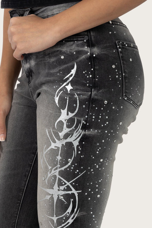 Smoke Rise High Rise Rhinestone Jeans - Orca Black - view 6