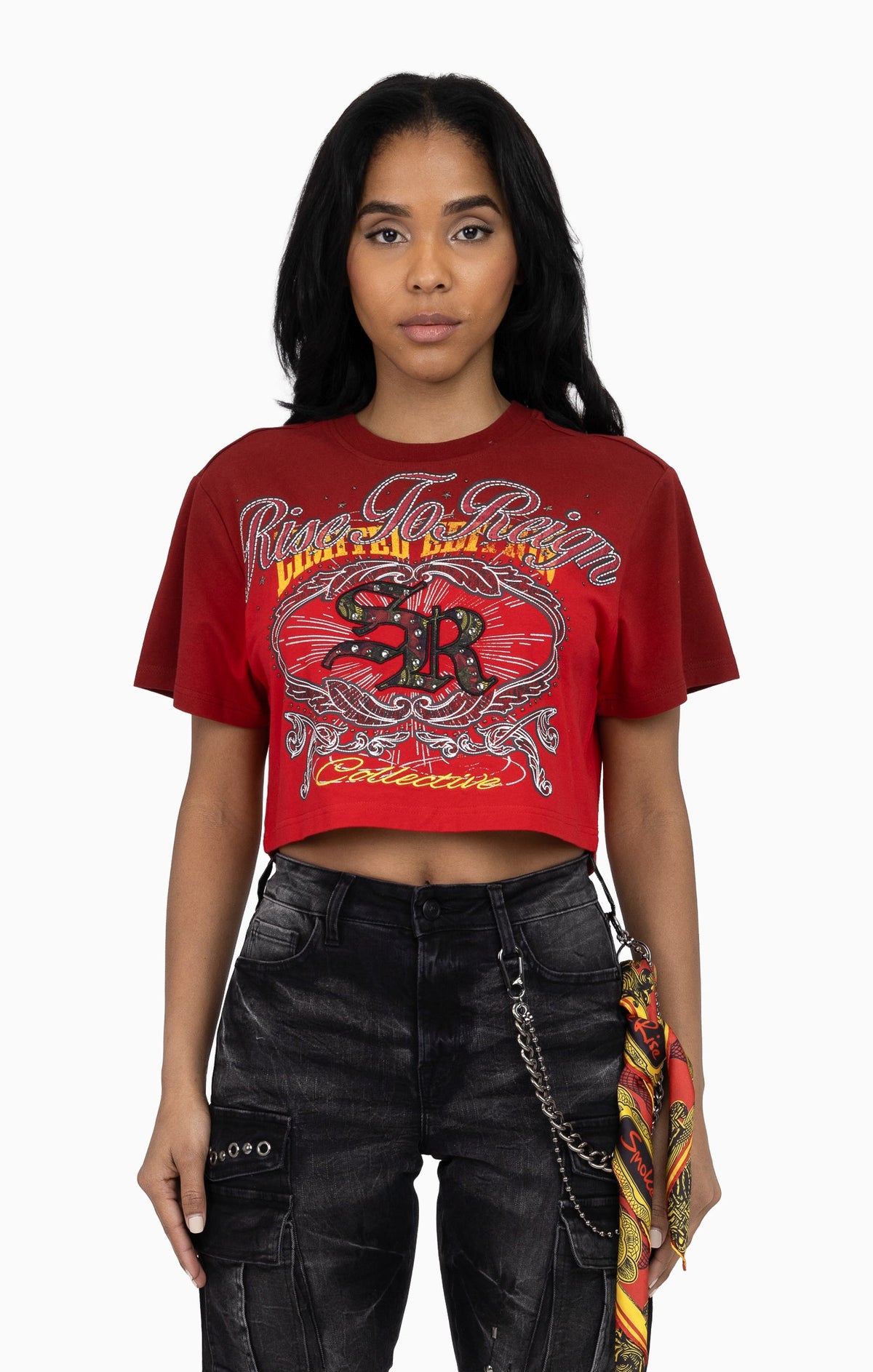 Smoke Rise Puff Print Embellished Tee - True Red