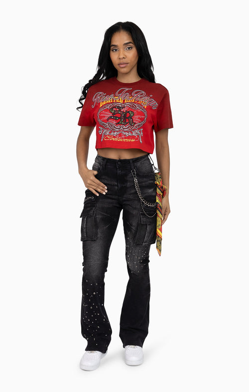 Smoke Rise Puff Print Embellished Tee - True Red - view 4