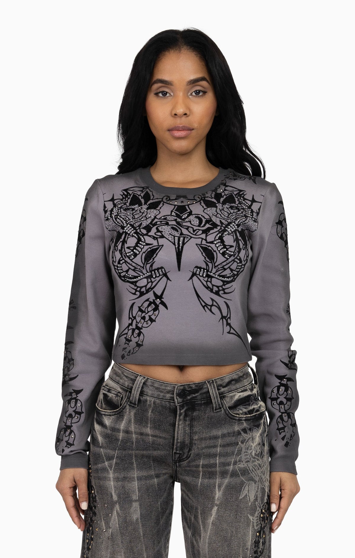 Smoke Rise Embellished Ribbed Long Sleeve - December Sky