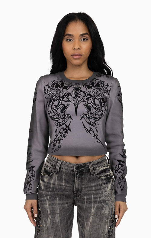 Smoke Rise Embellished Ribbed Long Sleeve - December Sky