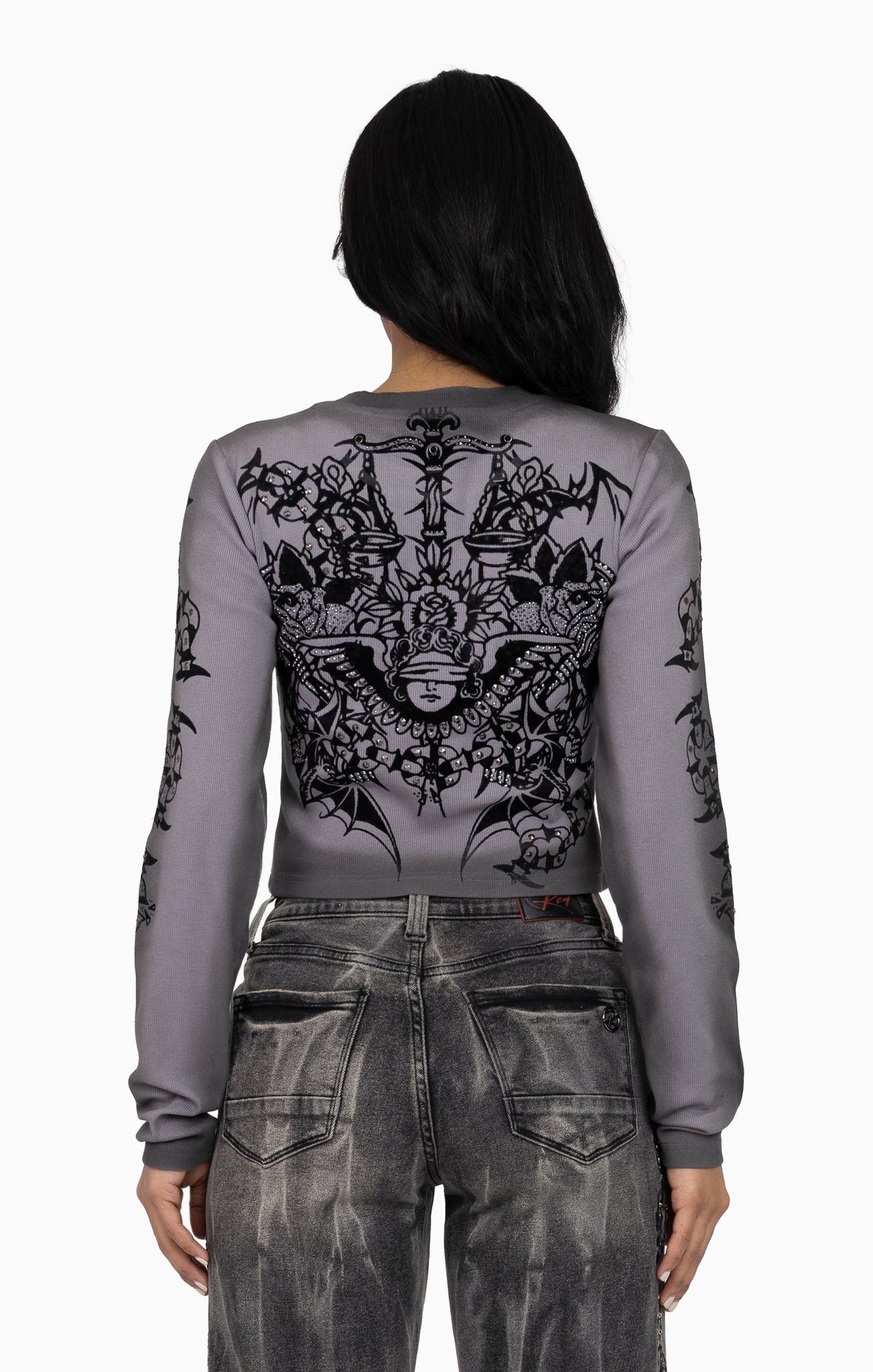 Smoke Rise Embellished Ribbed Long Sleeve - December Sky - view 3