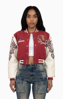 Smoke Rise Embroidered Embellished Varsity Jacket - Earth Red