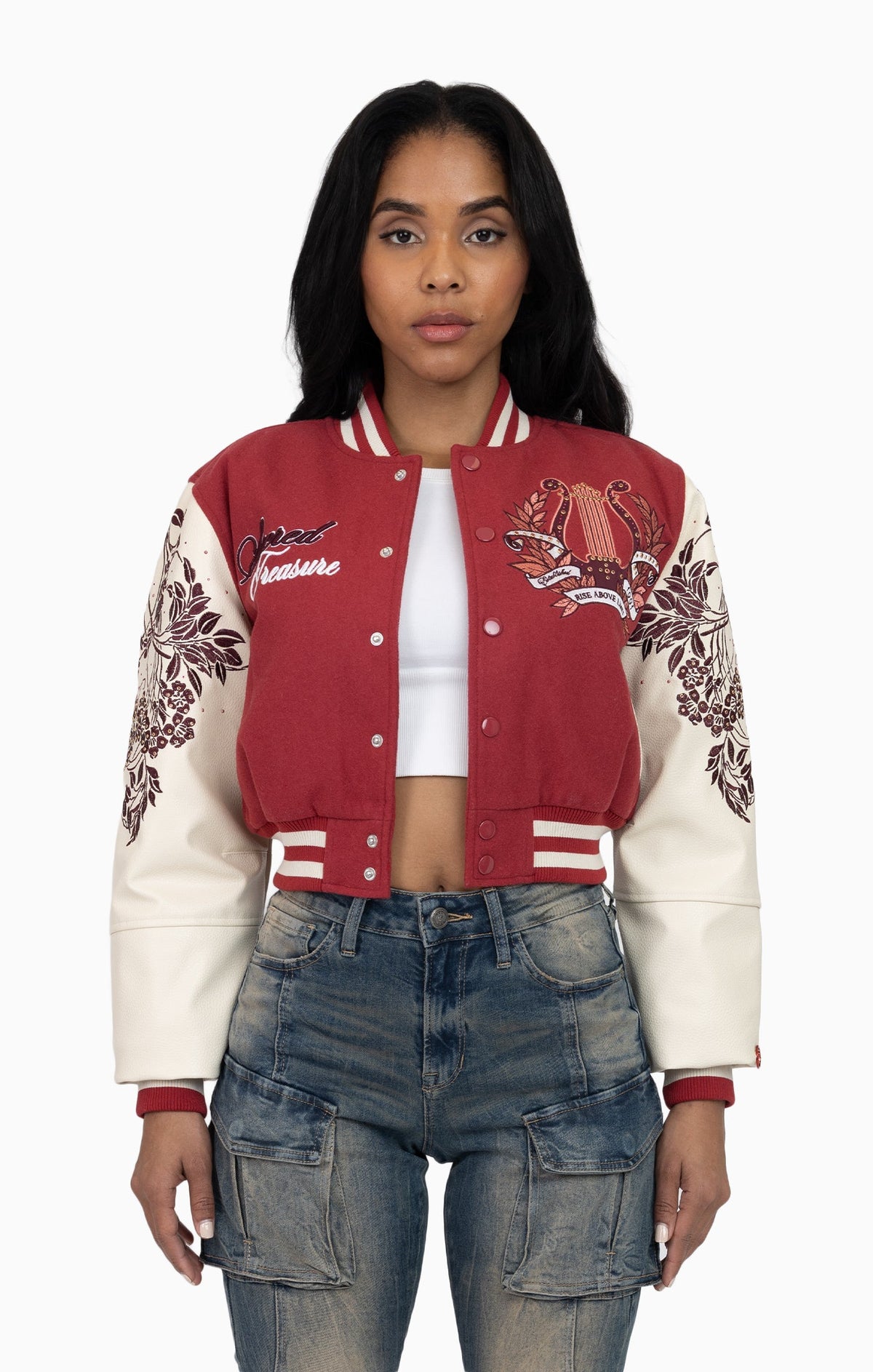 Smoke Rise Embroidered Embellished Varsity Jacket - Earth Red