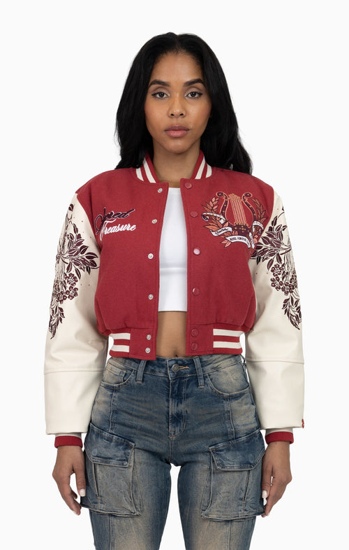 Smoke Rise Embroidered Embellished Varsity Jacket - Earth Red