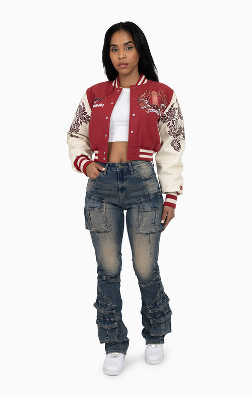 Smoke Rise Embroidered Embellished Varsity Jacket - Earth Red - view 4
