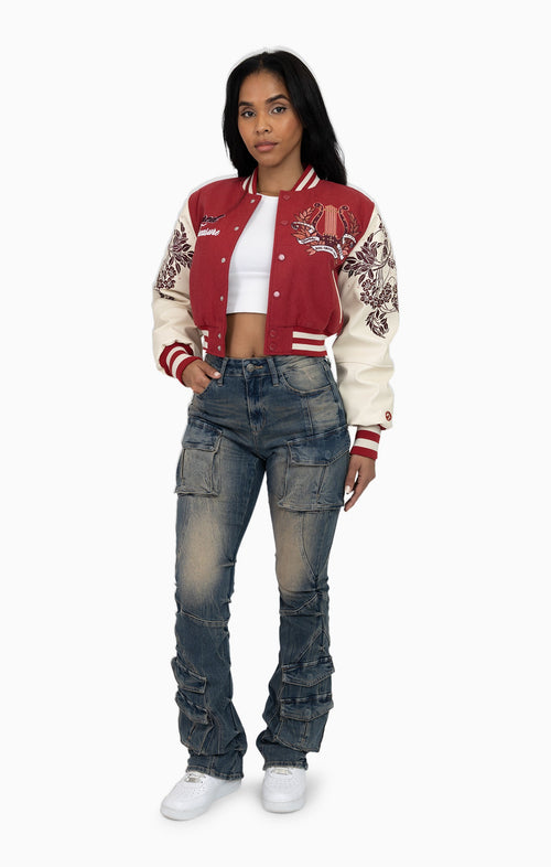 Smoke Rise Embroidered Embellished Varsity Jacket - Earth Red - view 5