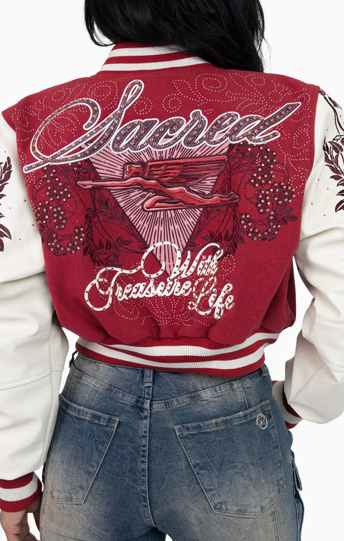 Smoke Rise Embroidered Embellished Varsity Jacket - Earth Red - view 7