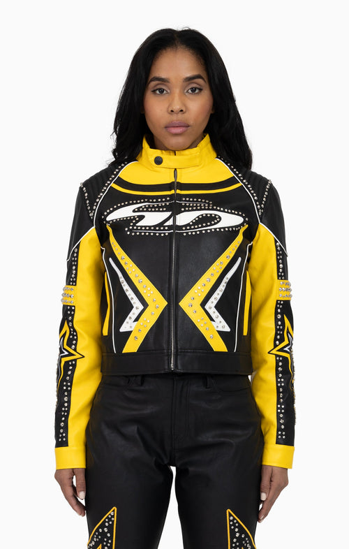 Smoke Rise PU Leather Embellished Varsity Jacket - Solar Power