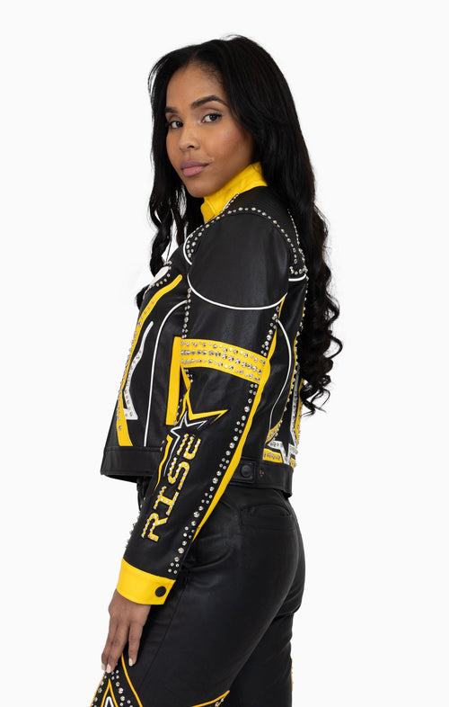 Smoke Rise PU Leather Embellished Varsity Jacket - Solar Power - view 2