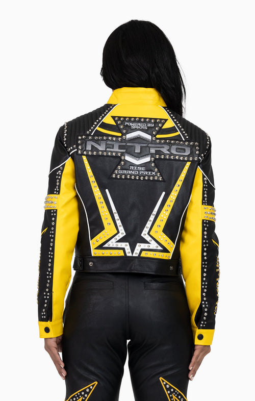 Smoke Rise PU Leather Embellished Varsity Jacket - Solar Power - view 3