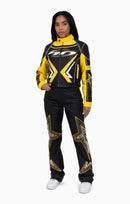 Smoke Rise PU Leather Embellished Varsity Jacket - Solar Power - view 4