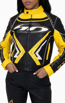 Smoke Rise PU Leather Embellished Varsity Jacket - Solar Power - view 7