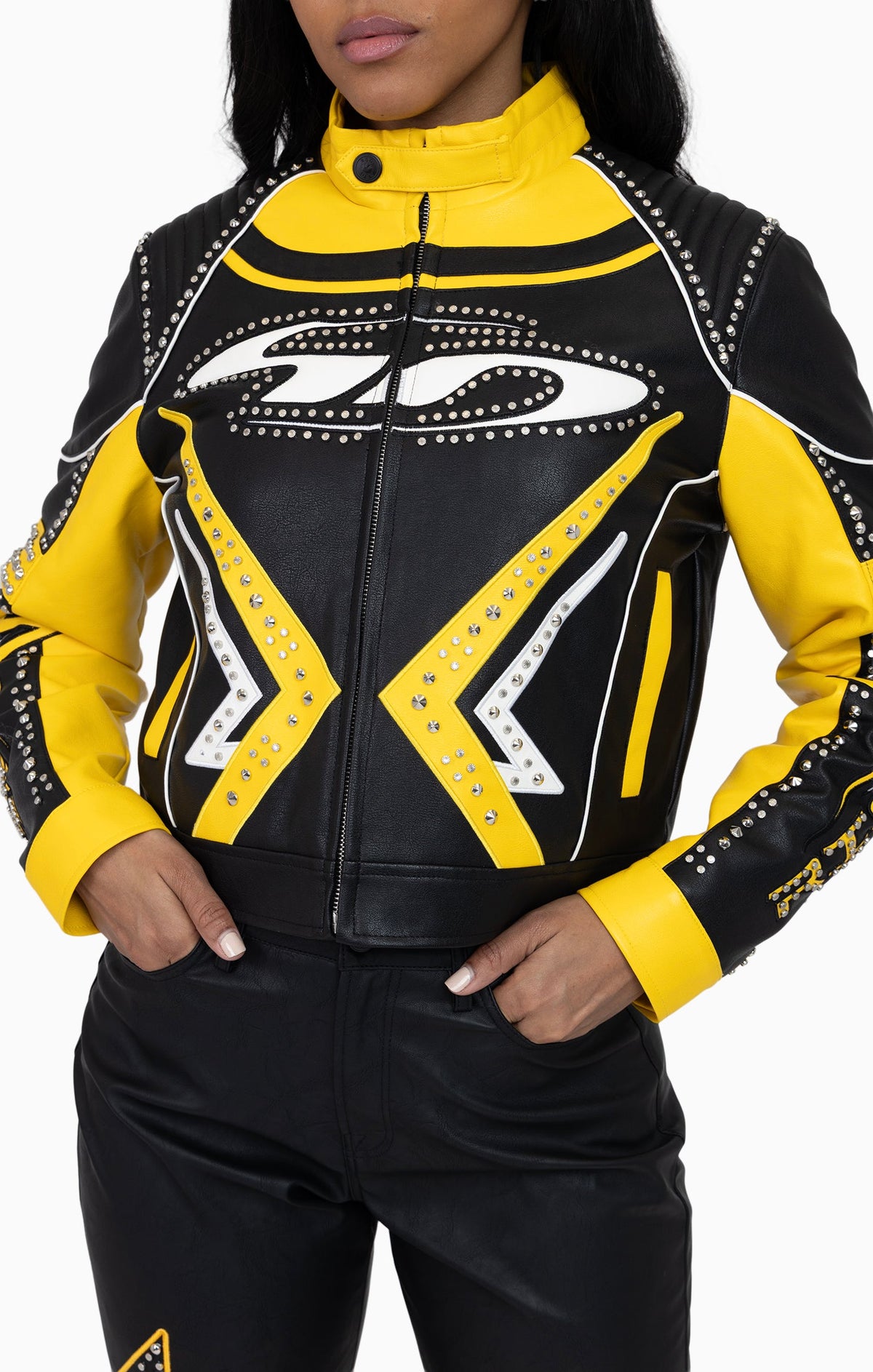 Smoke Rise PU Leather Embellished Varsity Jacket - Solar Power - view 7