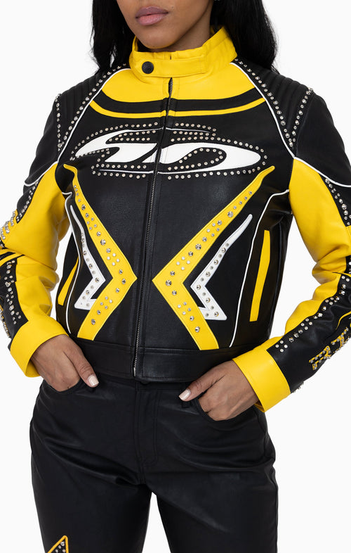 Smoke Rise PU Leather Embellished Varsity Jacket - Solar Power - view 7