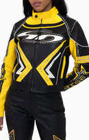 Smoke Rise PU Leather Embellished Varsity Jacket - Solar Power - view 6