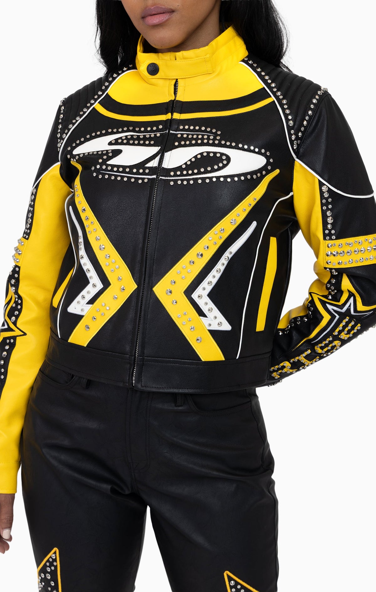 Smoke Rise PU Leather Embellished Varsity Jacket - Solar Power - view 6