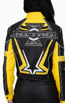 Smoke Rise PU Leather Embellished Varsity Jacket - Solar Power - view 8