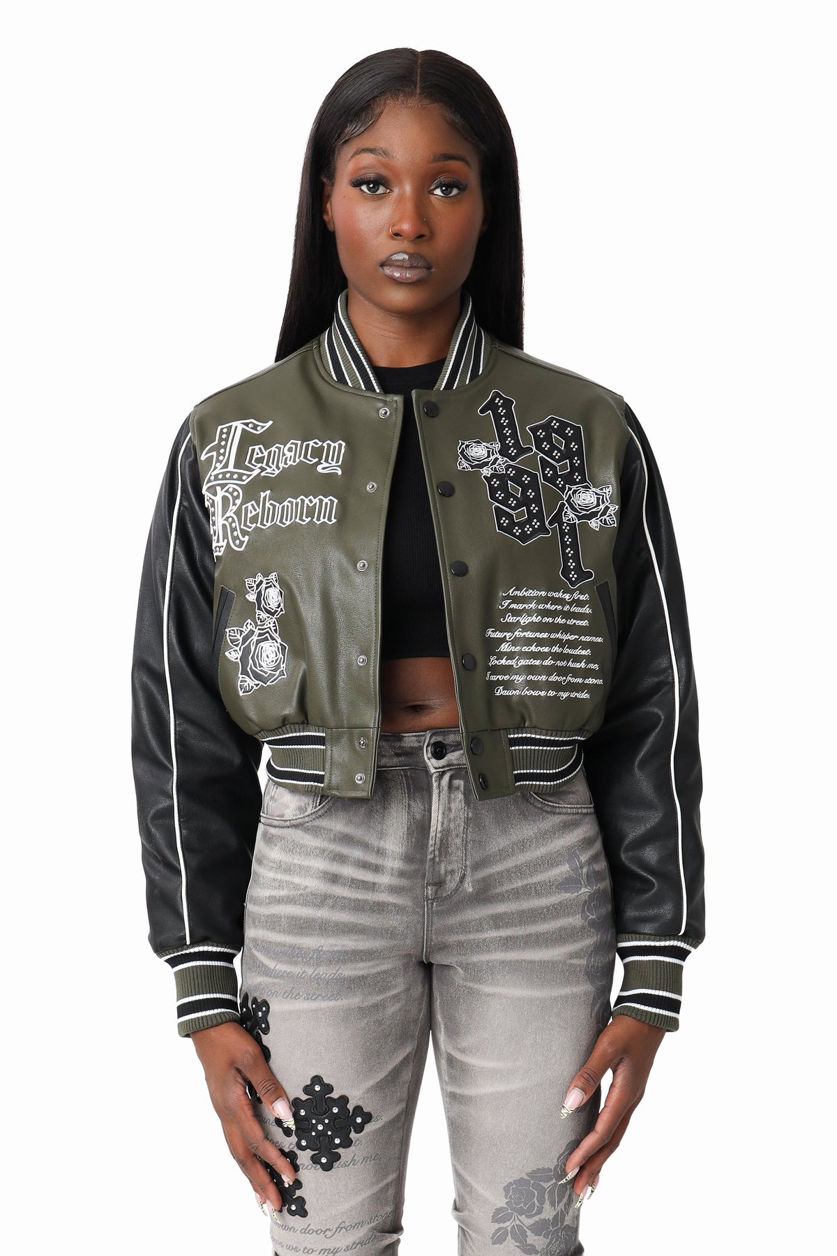 Smoke Rise PU Leather Studded Varsity Jacket - Forest Night