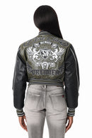 Smoke Rise PU Leather Studded Varsity Jacket - Forest Night - view 3