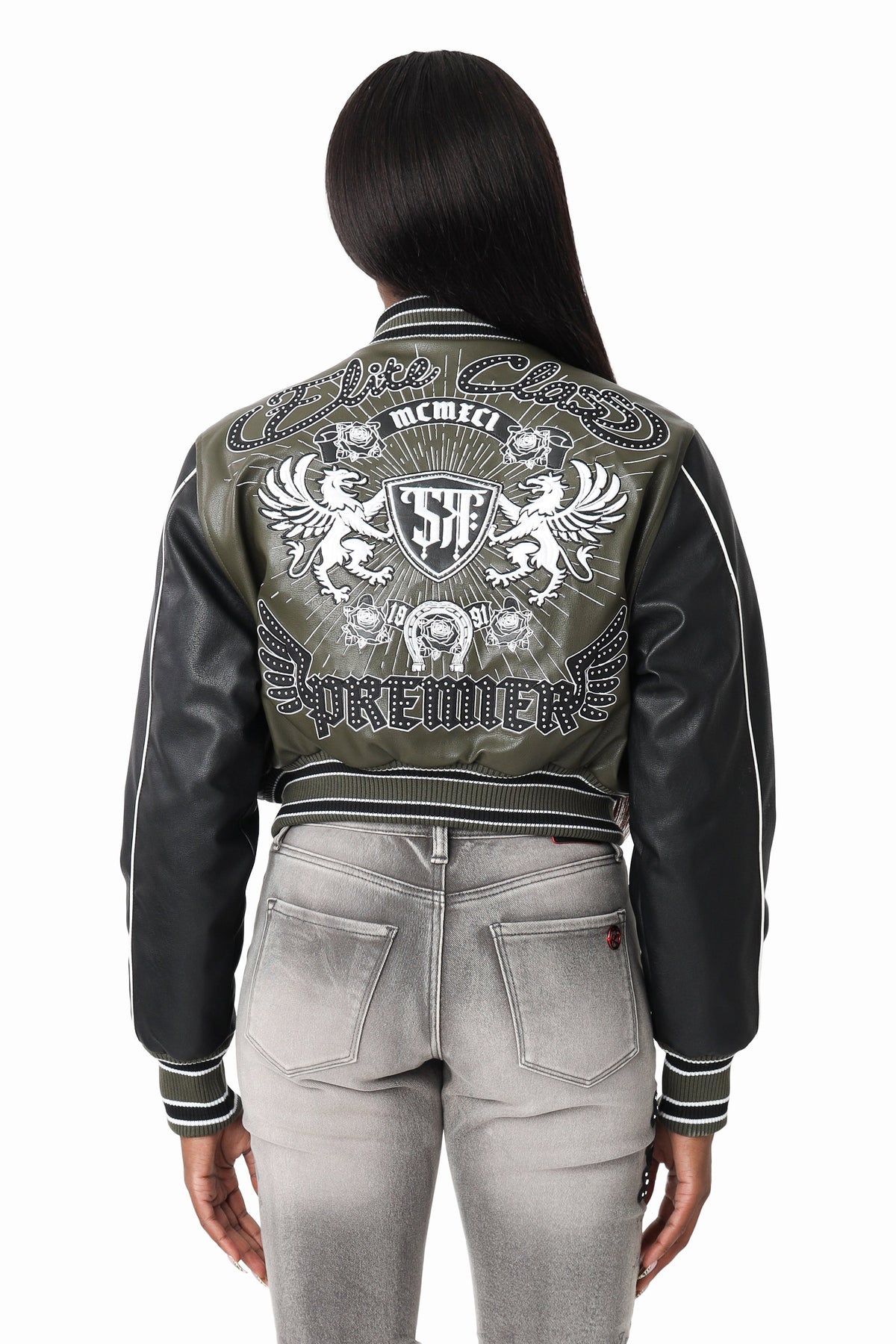 Smoke Rise PU Leather Studded Varsity Jacket - Forest Night - view 3
