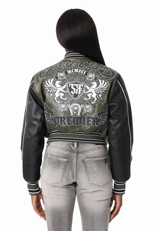 Smoke Rise PU Leather Studded Varsity Jacket - Forest Night - view 3