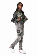 Smoke Rise PU Leather Studded Varsity Jacket - Forest Night - view 4