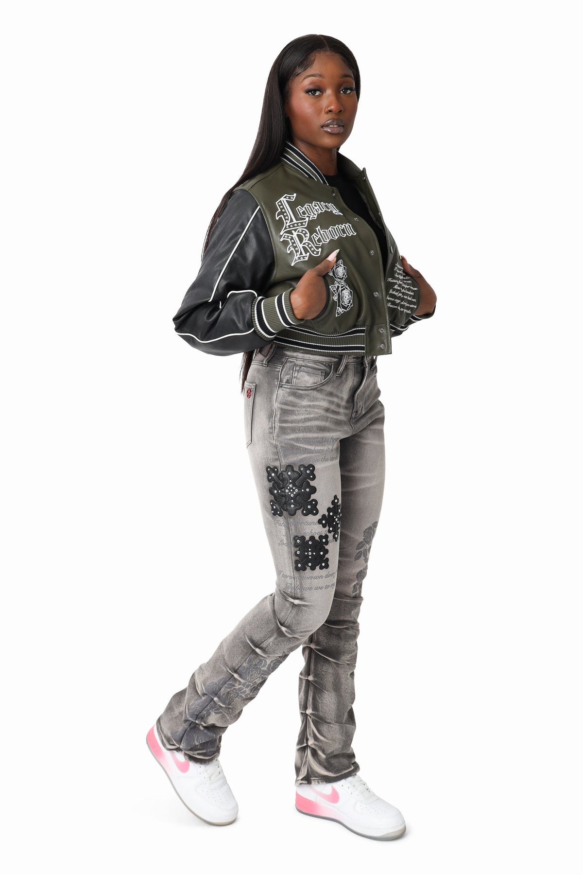 Smoke Rise PU Leather Studded Varsity Jacket - Forest Night - view 4
