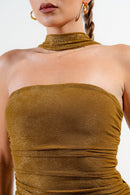 Metallic Net Mesh Mock Neck Tube Ruched Mini Dress — view 14